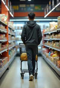 man in Supermarket walking with Shopping Cart in the Supermarket Aisle. Background of Supermarket