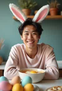 man dressed up for Easter with Easter Bunny Ears at the Easter Breakfast. Easter Eggs. Easter Bunny