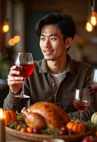 man celebrating Thanksgiving with cocktail and turkey meat in background