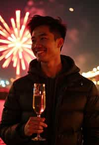 man celebrating New Year's Eve with champagne and Fireworks in background