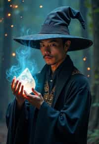 man as a Wizard with a Wizard robe and big hat, crystal magic, dramatic light