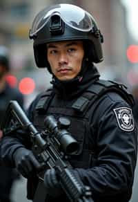 man as a SWAT Officer. wearing black swat vest, swat helmet, holding pdw