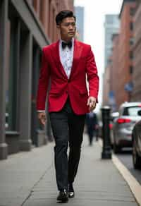 man in red tuxedo  showing cleavage walking on the curb in black shoes