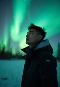 man at night at the Northern Lights Aurora Borealis