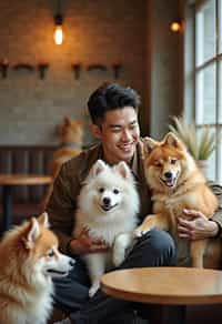 man in a Dog Cafe with many cute Samoyed and Golden Retriever dogs