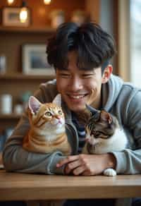 man in a Cat Cafe with many cute Cats and Kittens around them