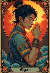 illustration of man as Mythical Tarot Cardin the style of moebius and mohrbacher and rossdraws and ross tran and alphonse mucha and ayami kojima, pixar style, maya engine, splash comics style, tarot card style, art nouveau, rich bright colours