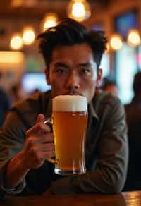 man in a busy bar drinking beer. holding an intact pint glass mug of beer