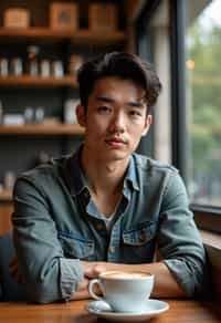  man in hipster coffee place with coffee cup on table