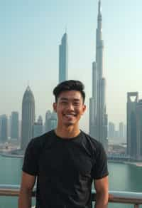 man standing in front of city skyline viewpoint in Dubai with city skyline in background