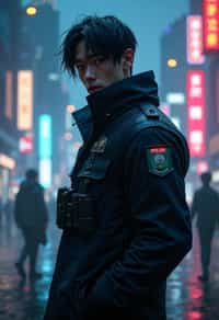 man as futuristic beautiful cyberpunk police officer, in heavy rainning futuristic tokyo rooftop cyberpunk night, ssci-fi, fantasy, intricate, very very beautiful, elegant, neon light, highly detailed, digital painting, artstation, concept art, soft light, hdri, smooth, sharp focus, illustration, art by tian zi and craig mullins and wlop and alphonse mucha