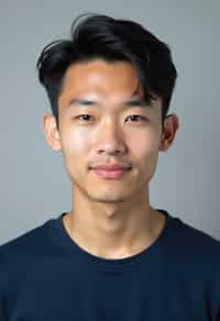 man as official passport photo for government documents. wearing a dark blue navy t-shirt. photorealistic. light gray background. entire face visible. entire head visible