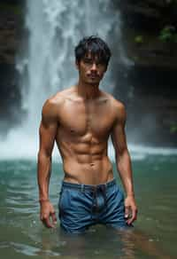 man in swim shorts  under a waterfall, wet hair