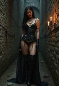 gothic man, bound by chains and barbed wire in a dungeon, very tight corset, high heels