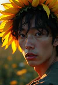 Close face shot of a man with a sunflower in hair, summer season, moody scene,, intricate, sharp details, summer vibe, gorgeous scene by gaston bussiere, craig mullins, somber lighting, drawn by giacomo burattini, inspired by graphic novel cover art, hyperrealistic, 8 k by rhads