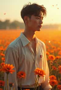 man | standing in field full of flowers | detailed gorgeous face! ! | full body! ! | god rays | intricate | elegant | realistic | hyperrealistic | cinematic | character design | concept art | illustration | digital art | digital painting | depth of field