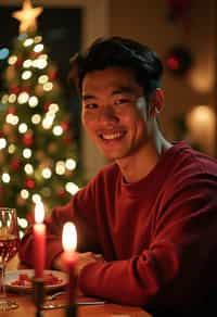 man at Christmas dinner wearing Christmas style clothes. Christmas tree in background. Christmas lights