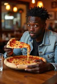 man sitting in a restaurant eating a large pizza