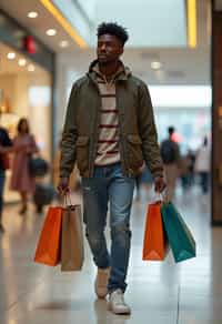 man walking in a shopping mall, holding shopping bags. shops in background