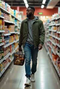 man in Supermarket walking with Shopping Cart in the Supermarket Aisle. Background of Supermarket