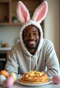 man dressed up for Easter with Easter Bunny Ears at the Easter Breakfast. Easter Eggs. Easter Bunny