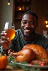 man celebrating Thanksgiving with cocktail and turkey meat in background