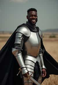 happy man as a Medieval Knight in silver armor, wearing a black elegant cape flowing in the wind, the knight holds a sword in one hand