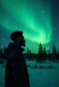 man at night at the Northern Lights Aurora Borealis