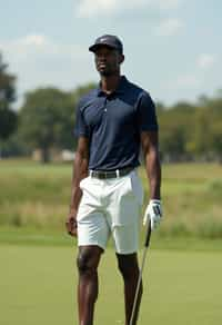 man as a Golfer on the Golf Course holding Golf Club wearing golf shorts or golf skirt, a collared shirt, golf pants