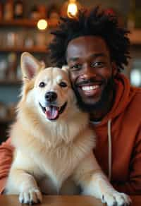 man in a Dog Cafe with many cute Samoyed and Golden Retriever dogs