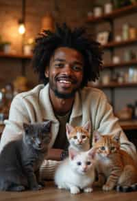 man in a Cat Cafe with many cute Cats and Kittens around them