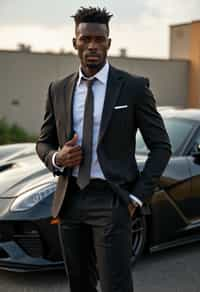 man wearing suit  posing in front of a sports car