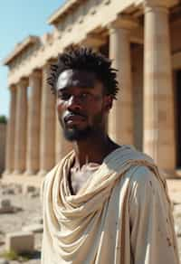 man as Ancient Greek philosopher in 500 B.C., Ancient Roman white clean new temple in background