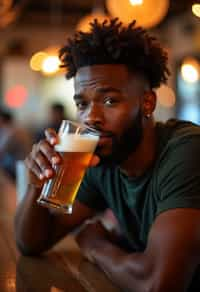 man in a busy bar drinking beer. holding an intact pint glass mug of beer