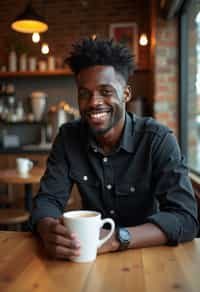  man in hipster coffee place with coffee cup on table