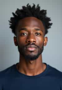 man as official passport photo for government documents. wearing a dark blue navy t-shirt. photorealistic. light gray background. entire face visible. entire head visible