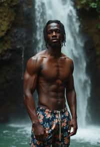 man in swim shorts  under a waterfall, wet hair