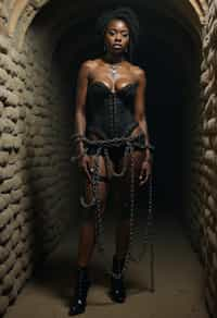 gothic man, bound by chains and barbed wire in a dungeon, very tight corset, high heels