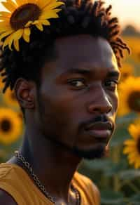 Close face shot of a man with a sunflower in hair, summer season, moody scene,, intricate, sharp details, summer vibe, gorgeous scene by gaston bussiere, craig mullins, somber lighting, drawn by giacomo burattini, inspired by graphic novel cover art, hyperrealistic, 8 k by rhads