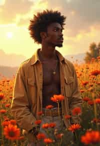 man | standing in field full of flowers | detailed gorgeous face! ! | full body! ! | god rays | intricate | elegant | realistic | hyperrealistic | cinematic | character design | concept art | illustration | digital art | digital painting | depth of field