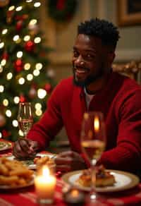 man at Christmas dinner wearing Christmas style clothes. Christmas tree in background. Christmas lights