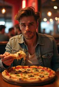 man sitting in a restaurant eating a large pizza