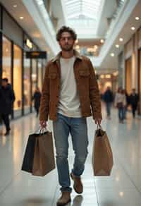 man walking in a shopping mall, holding shopping bags. shops in background