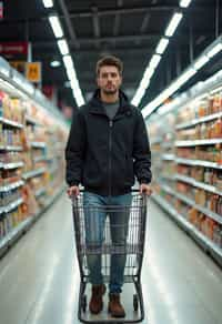 man in Supermarket walking with Shopping Cart in the Supermarket Aisle. Background of Supermarket