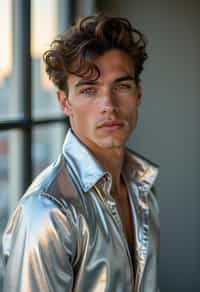 man in silver metallic style, wearing shiny metallic fashion