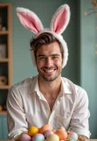 man dressed up for Easter with Easter Bunny Ears at the Easter Breakfast. Easter Eggs. Easter Bunny