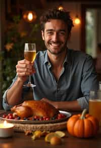 man celebrating Thanksgiving with cocktail and turkey meat in background