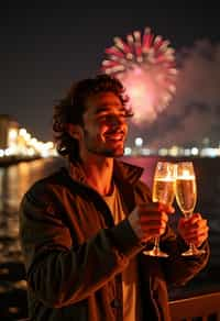 man celebrating New Year's Eve with champagne and Fireworks in background