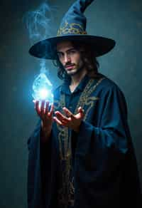 man as a Wizard with a Wizard robe and big hat, crystal magic, dramatic light