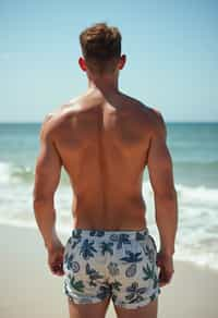 man in shirtless in swim shorts  on the Beach